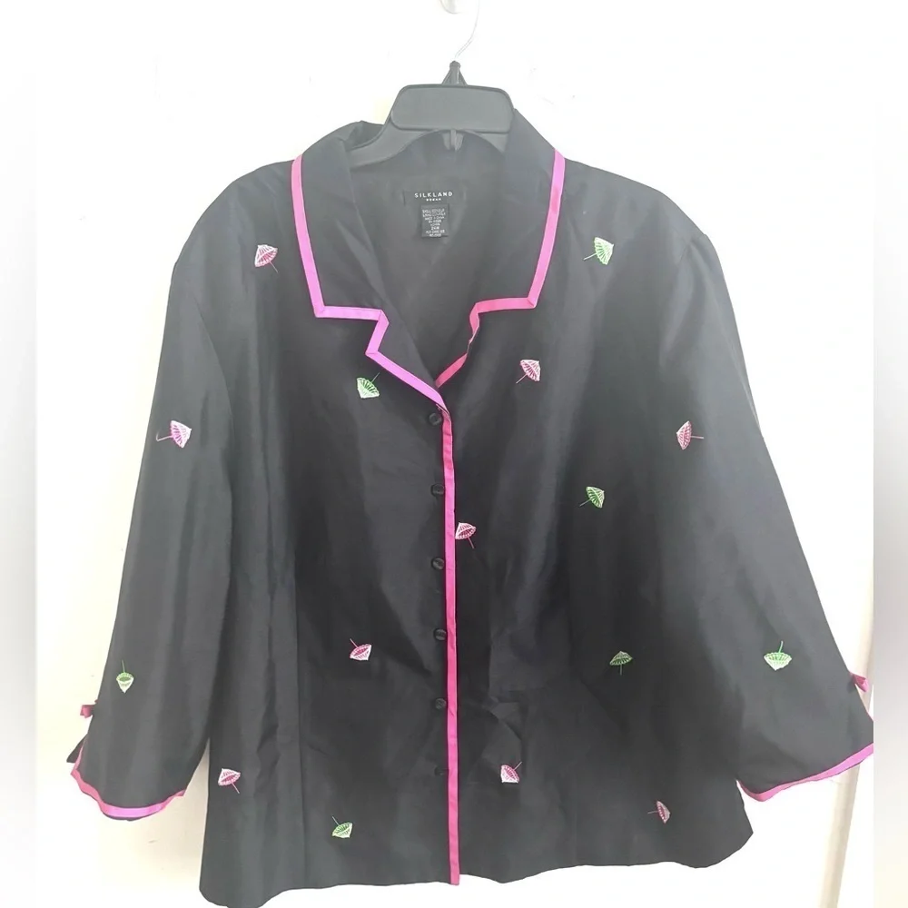 Silkland Jacket Silk Embroidered Umbrella Print Artsy Vintage Lounge Pink Trim